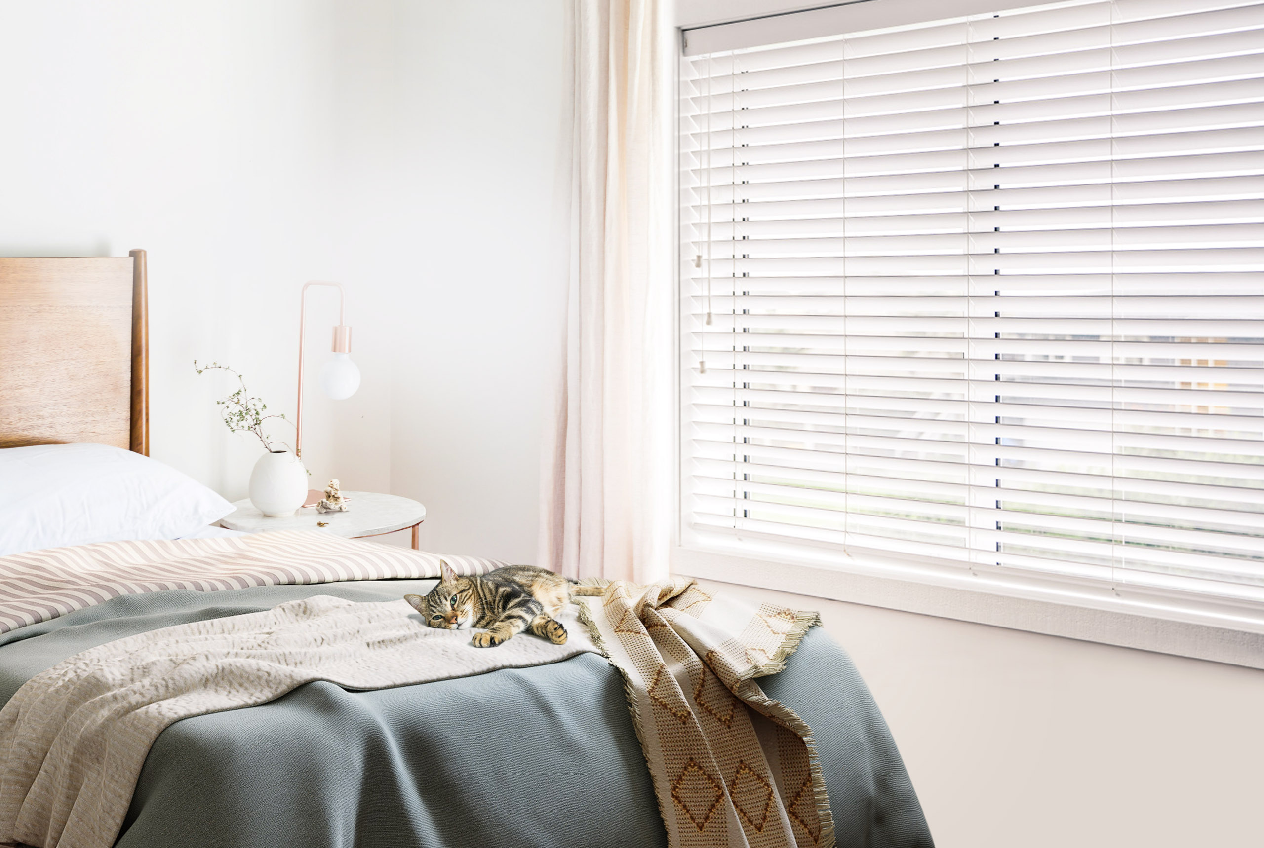 Bedroom fitted with Faux wooden venetian blinds. Cat enjoying a nap on the bed. 