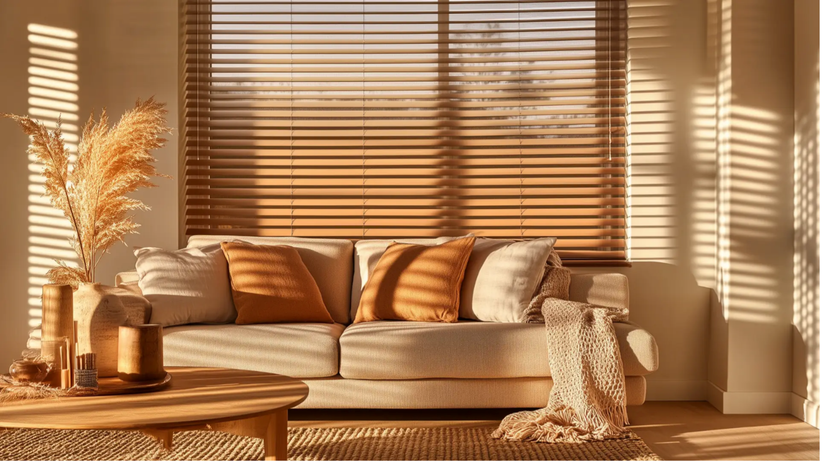 Blinds design guide – living room interior with wooden Venetian blinds